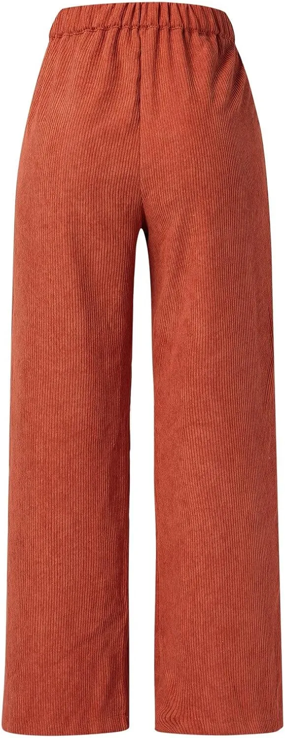 Miyaomn Women Trendy Fall Corduroy Pants Solid Color Loose High Waist Straight Wide Leg Trousers Casual Trousers with Pockets