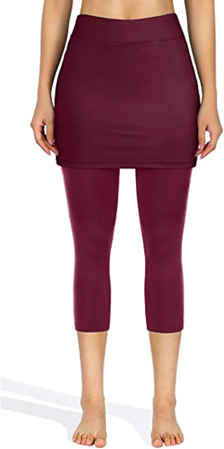 Mmoneyake Skirted Yoga Leggings for Women High Waisted Athletic Tennis Golf Skorts Tummy Control Capris Leggings with Pocket