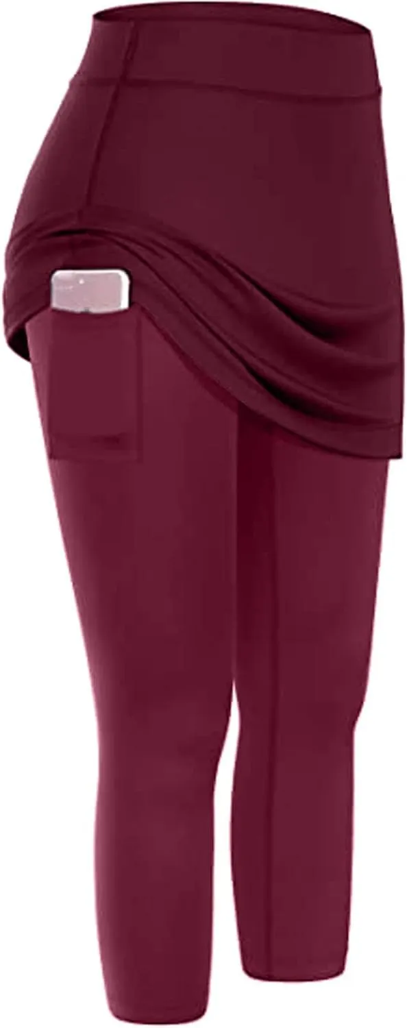 Mmoneyake Skirted Yoga Leggings for Women High Waisted Athletic Tennis Golf Skorts Tummy Control Capris Leggings with Pocket