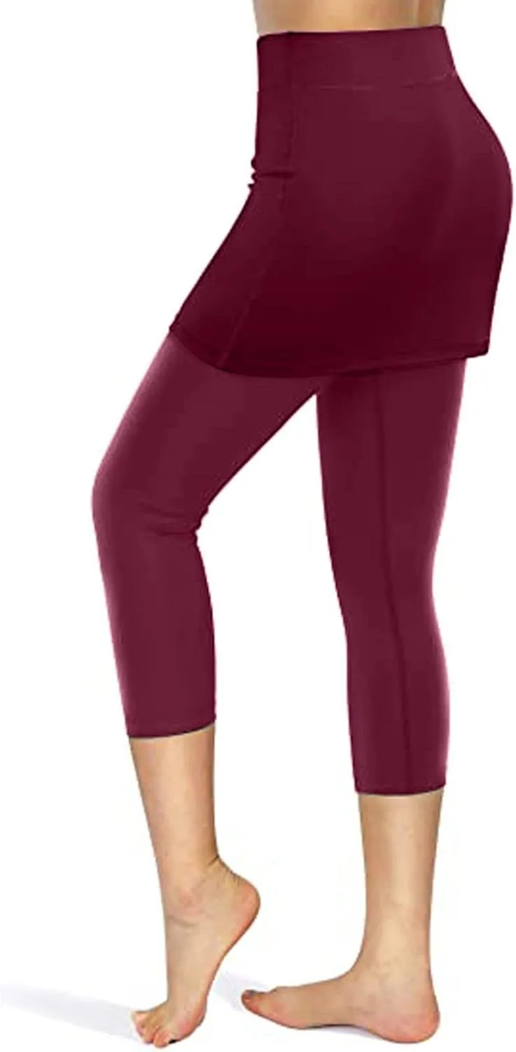 Mmoneyake Skirted Yoga Leggings for Women High Waisted Athletic Tennis Golf Skorts Tummy Control Capris Leggings with Pocket