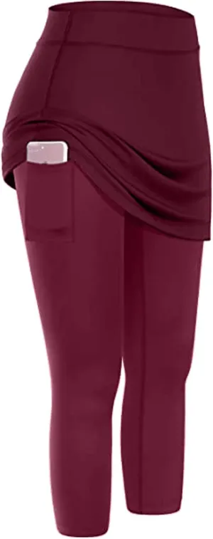 Mmoneyake Skirted Yoga Leggings for Women High Waisted Athletic Tennis Golf Skorts Tummy Control Capris Leggings with Pocket