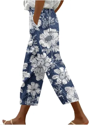 Mzkdieey Womens Capri Pants Summer Floral Print Wide Leg Harem Pants Drawstring High Waisted Cropped Trousers with Pockets