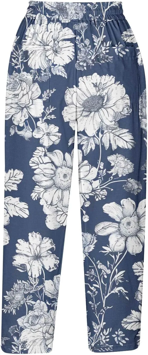 Mzkdieey Womens Capri Pants Summer Floral Print Wide Leg Harem Pants Drawstring High Waisted Cropped Trousers with Pockets