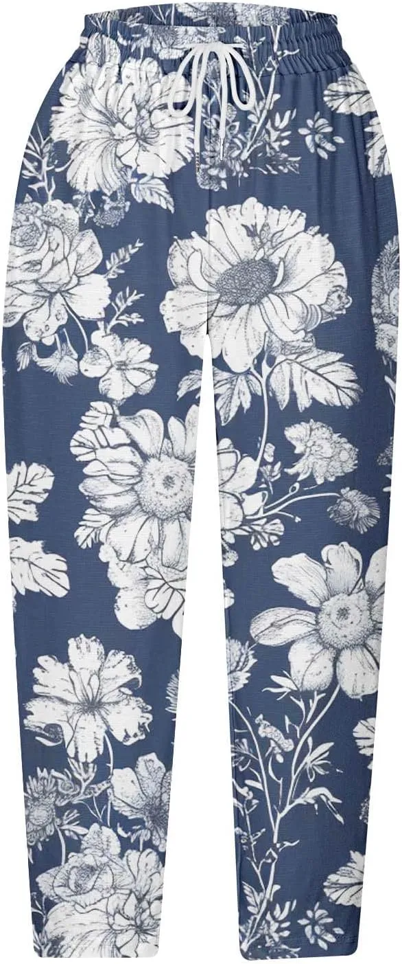 Mzkdieey Womens Capri Pants Summer Floral Print Wide Leg Harem Pants Drawstring High Waisted Cropped Trousers with Pockets