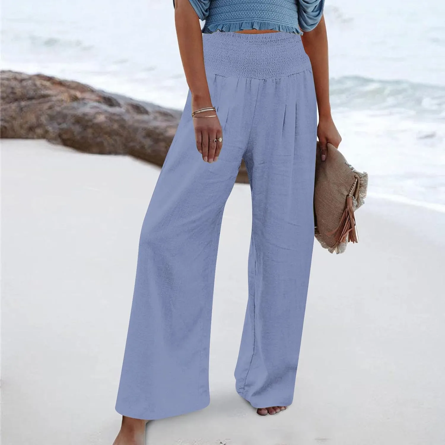 NATHGAM Womens Summer Flowy Cotton Linen Palazzo Pants Beach Smocked High Waisted Lounge Wide Leg Trousers Long with Pockets