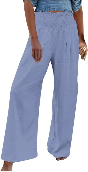 NATHGAM Womens Summer Flowy Cotton Linen Palazzo Pants Beach Smocked High Waisted Lounge Wide Leg Trousers Long with Pockets