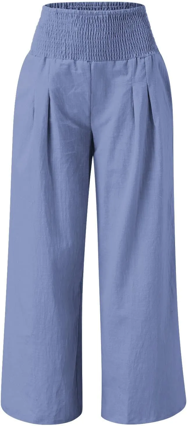NATHGAM Womens Summer Flowy Cotton Linen Palazzo Pants Beach Smocked High Waisted Lounge Wide Leg Trousers Long with Pockets