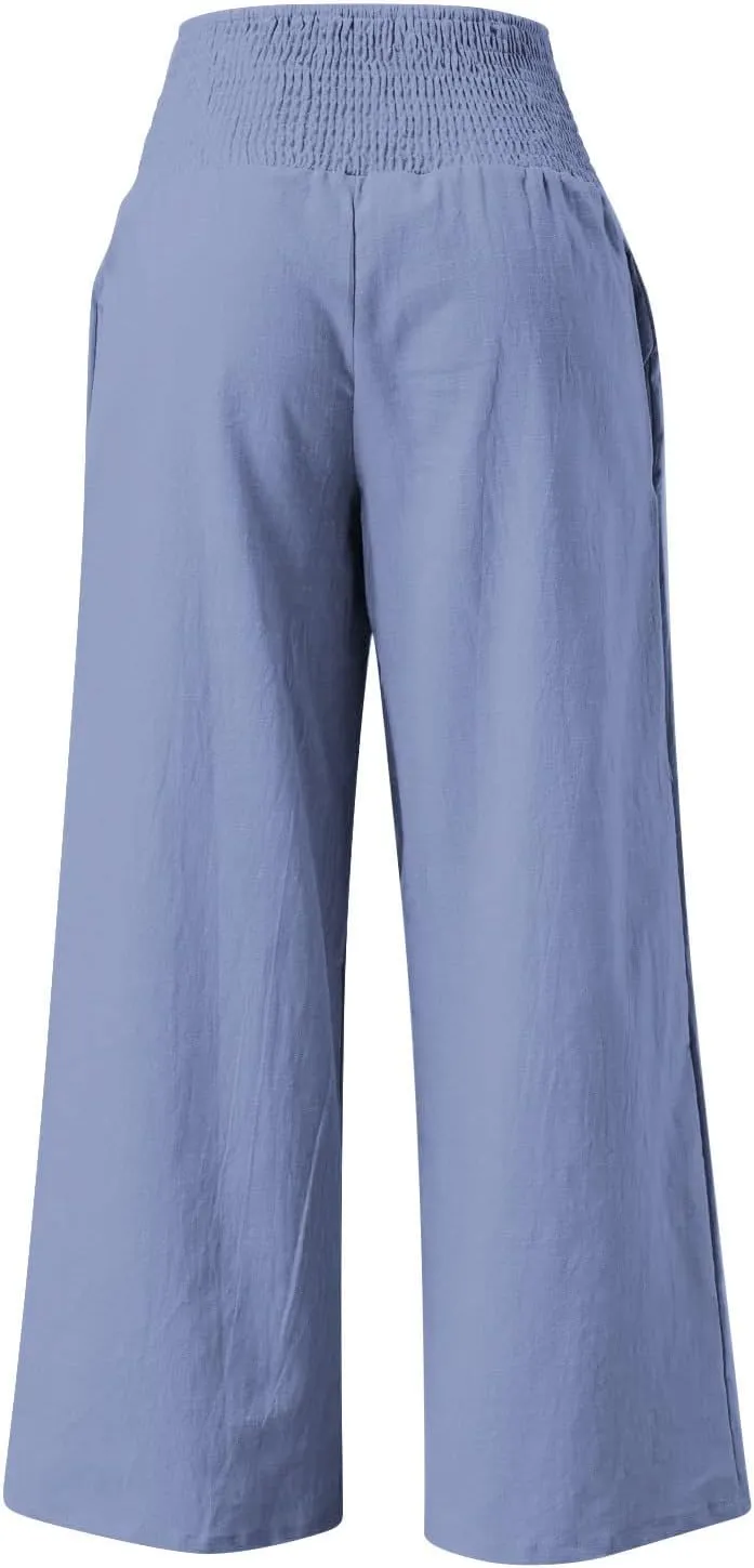 NATHGAM Womens Summer Flowy Cotton Linen Palazzo Pants Beach Smocked High Waisted Lounge Wide Leg Trousers Long with Pockets
