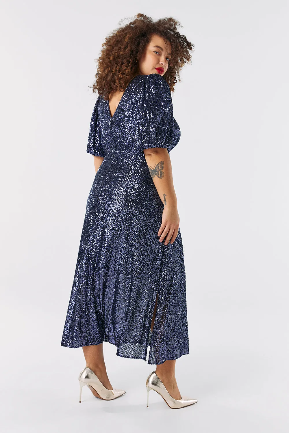 Navy Sequin Puff Sleeve Midi Dress