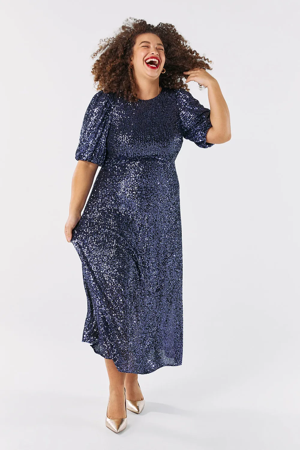 Navy Sequin Puff Sleeve Midi Dress
