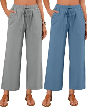Neer 2 Pack Womens Linen Pants with Pocket, Casual Summer Drawstring Beach Pants High Waisted Wide Leg Loose Palazzo Trouser