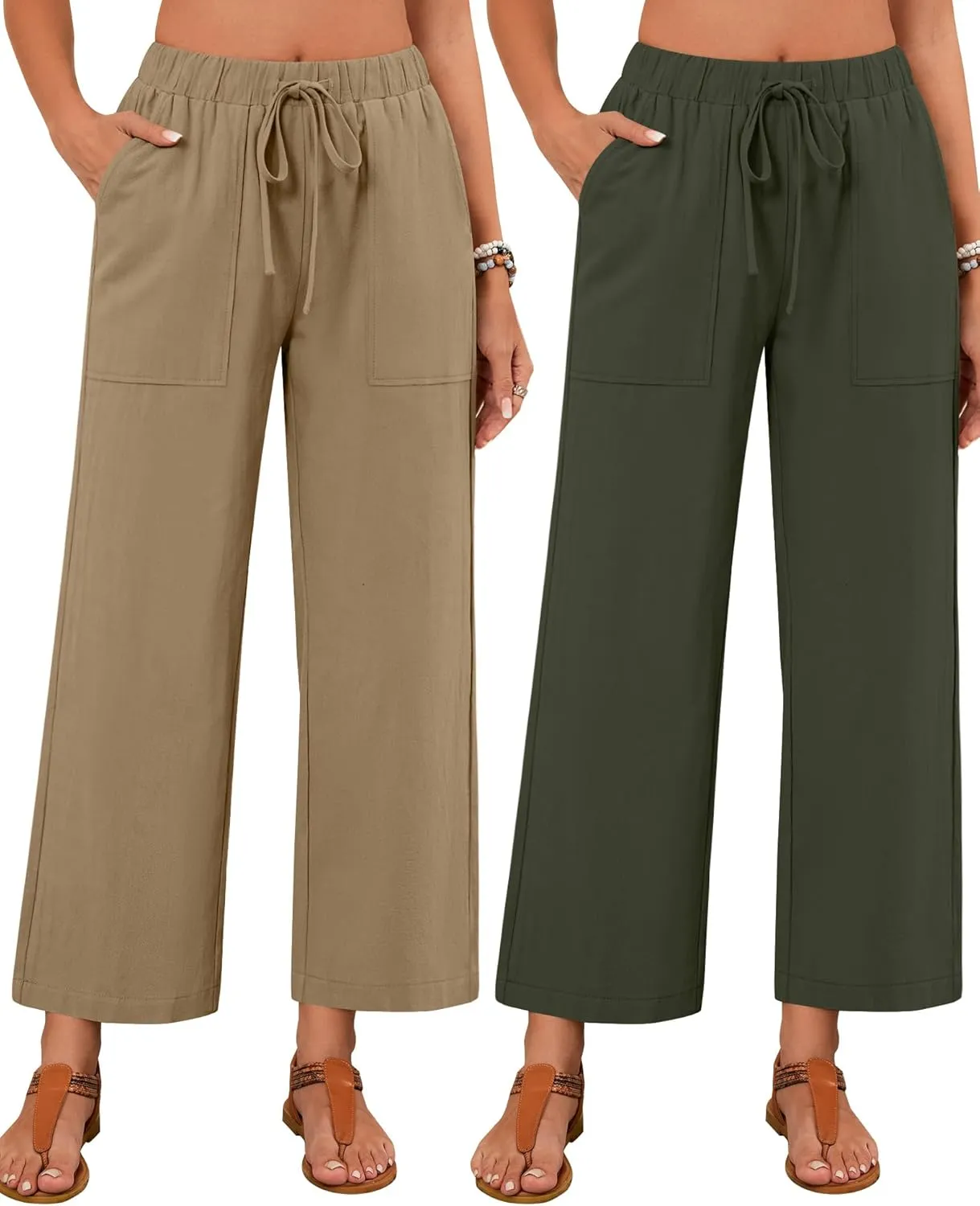 Neer 2 Pack Womens Linen Pants with Pocket, Casual Summer Drawstring Beach Pants High Waisted Wide Leg Loose Palazzo Trouser