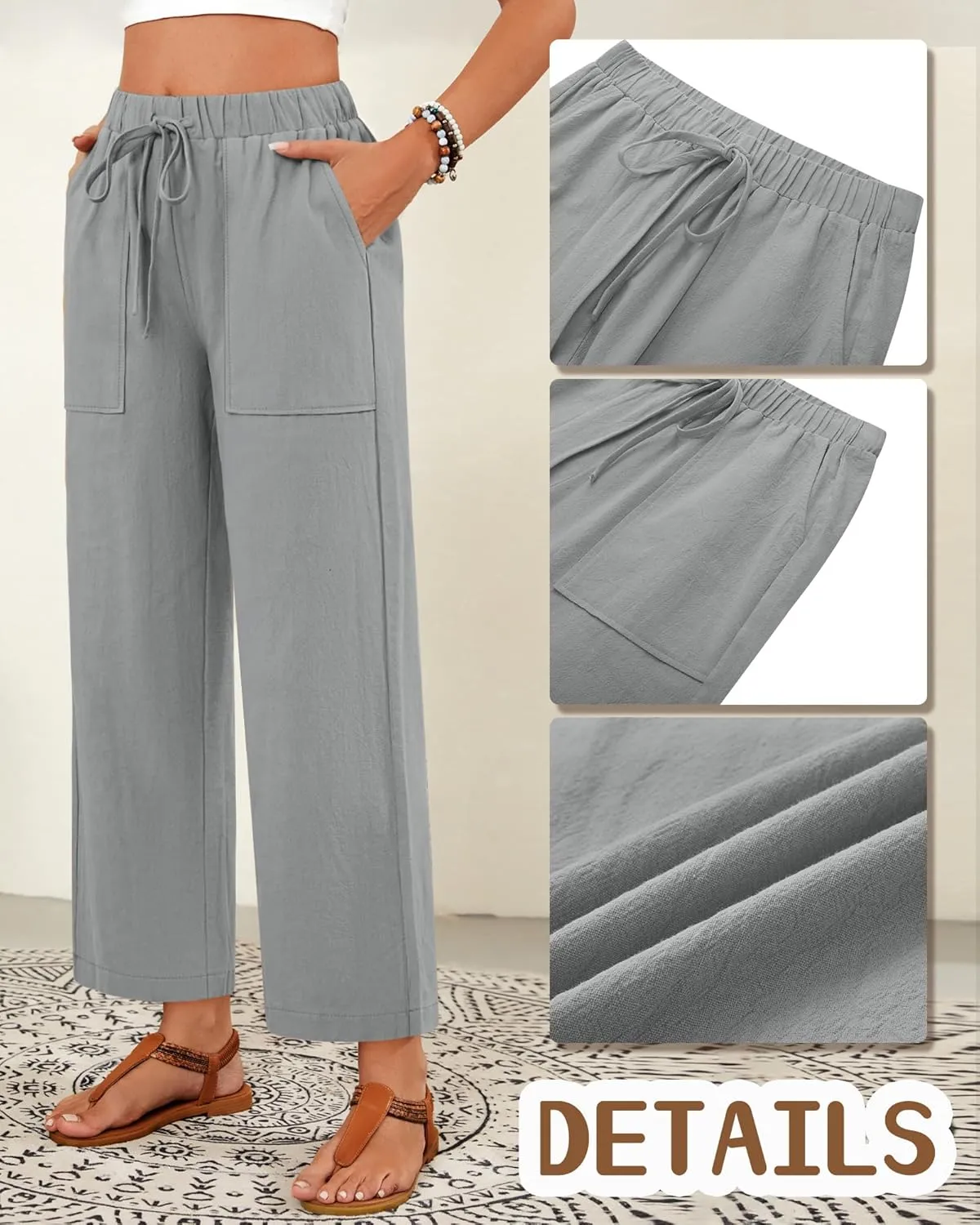 Neer 2 Pack Womens Linen Pants with Pocket, Casual Summer Drawstring Beach Pants High Waisted Wide Leg Loose Palazzo Trouser