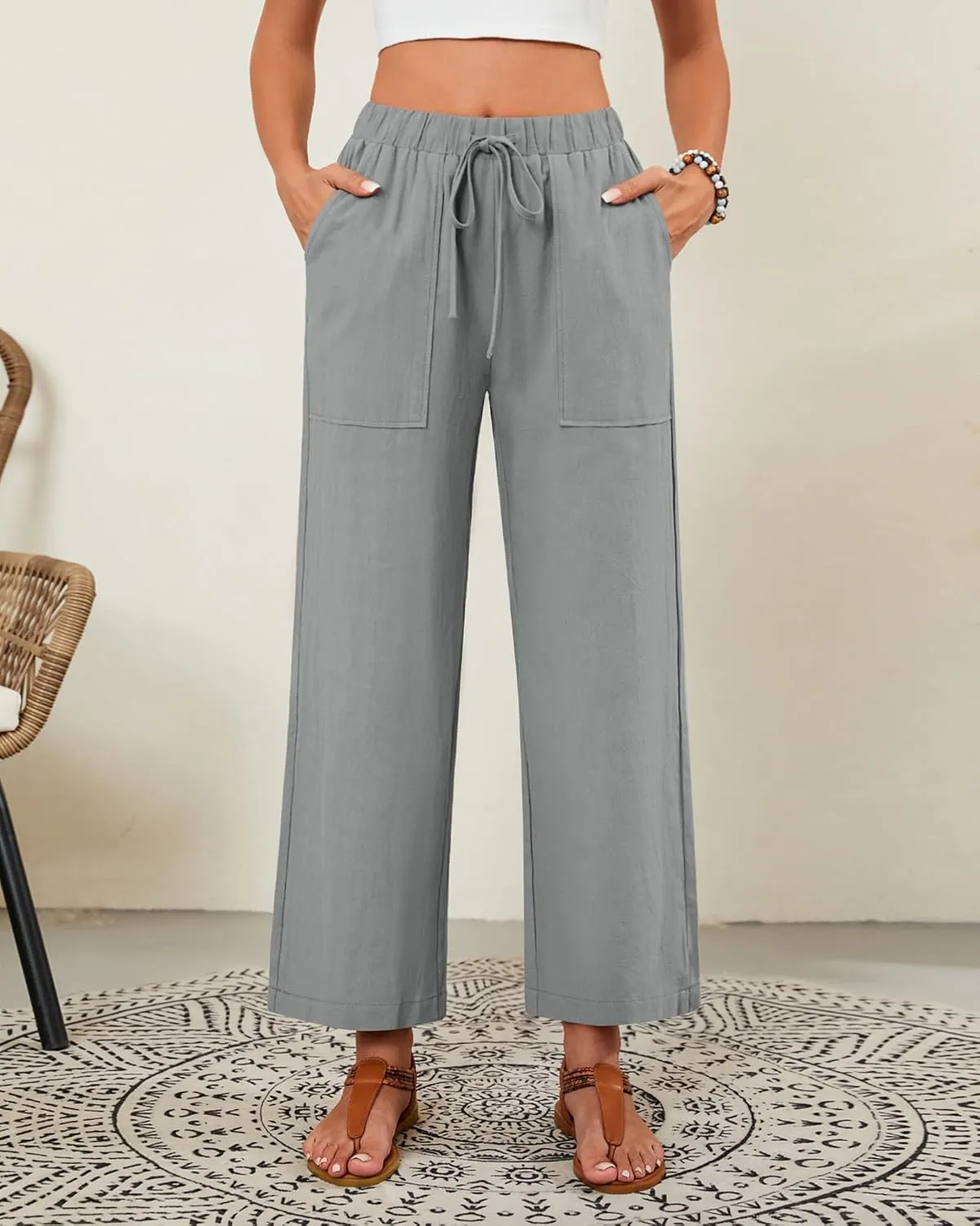 Neer 2 Pack Womens Linen Pants with Pocket, Casual Summer Drawstring Beach Pants High Waisted Wide Leg Loose Palazzo Trouser