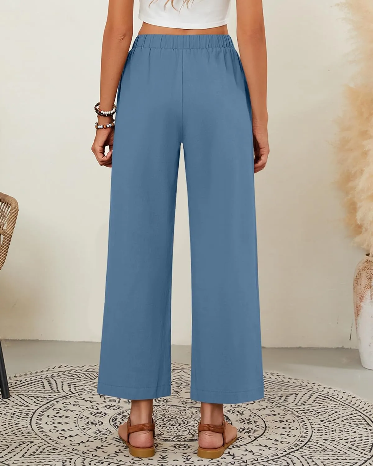 Neer 2 Pack Womens Linen Pants with Pocket, Casual Summer Drawstring Beach Pants High Waisted Wide Leg Loose Palazzo Trouser