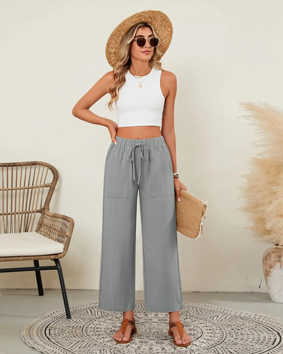 Neer 2 Pack Womens Linen Pants with Pocket, Casual Summer Drawstring Beach Pants High Waisted Wide Leg Loose Palazzo Trouser