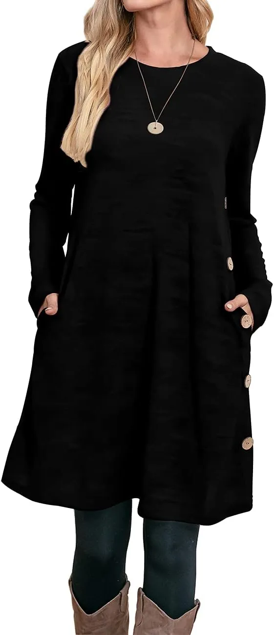 OFEEFAN Womens Long Sleeve Tunic Dres Fall Outfits with Pockets Buttons
