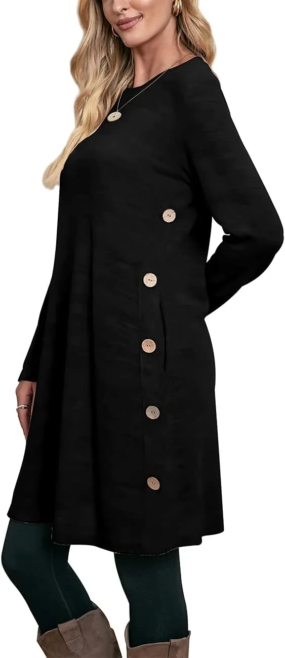 OFEEFAN Womens Long Sleeve Tunic Dres Fall Outfits with Pockets Buttons