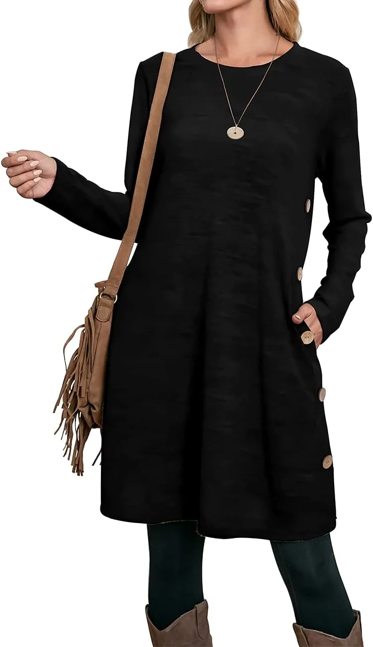 OFEEFAN Womens Long Sleeve Tunic Dres Fall Outfits with Pockets Buttons