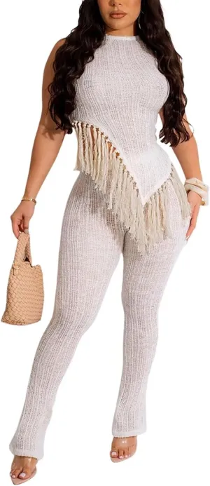 OLUOLIN Women's Two Piece Outfits Knit Sleeveless Fringed Hem Crop Tops Skinny Pants Sets Clubwear Y2K Tracksuits