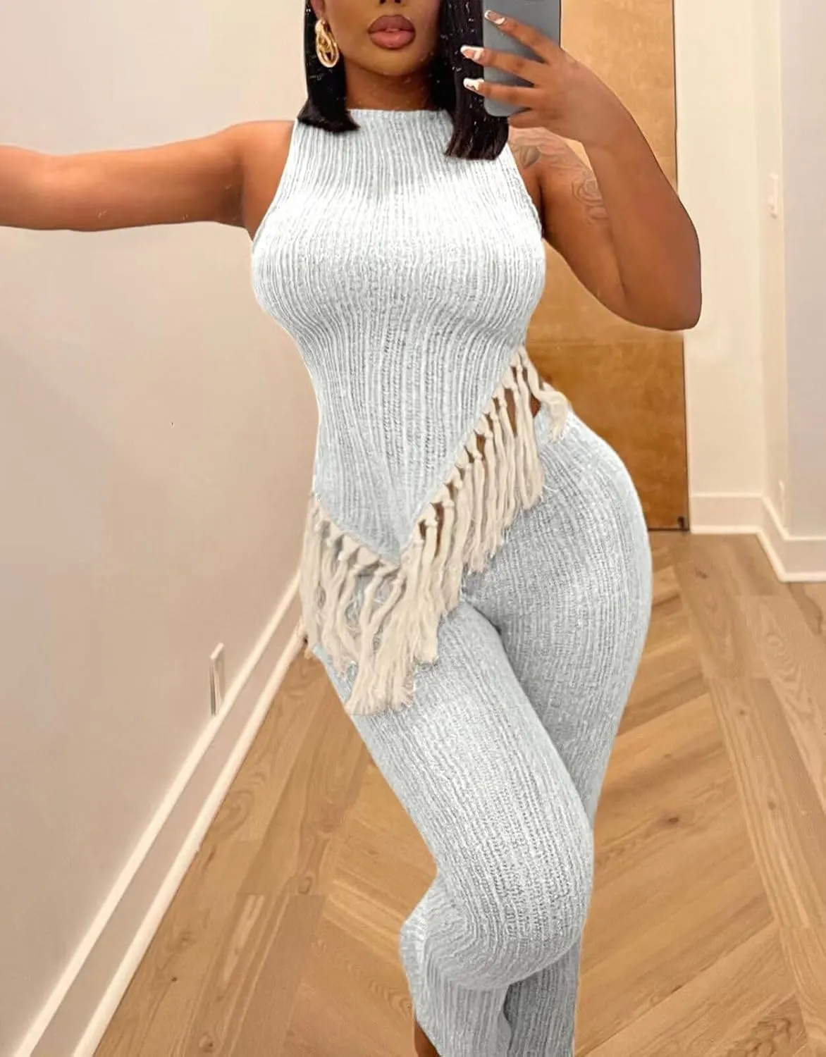 OLUOLIN Women's Two Piece Outfits Knit Sleeveless Fringed Hem Crop Tops Skinny Pants Sets Clubwear Y2K Tracksuits