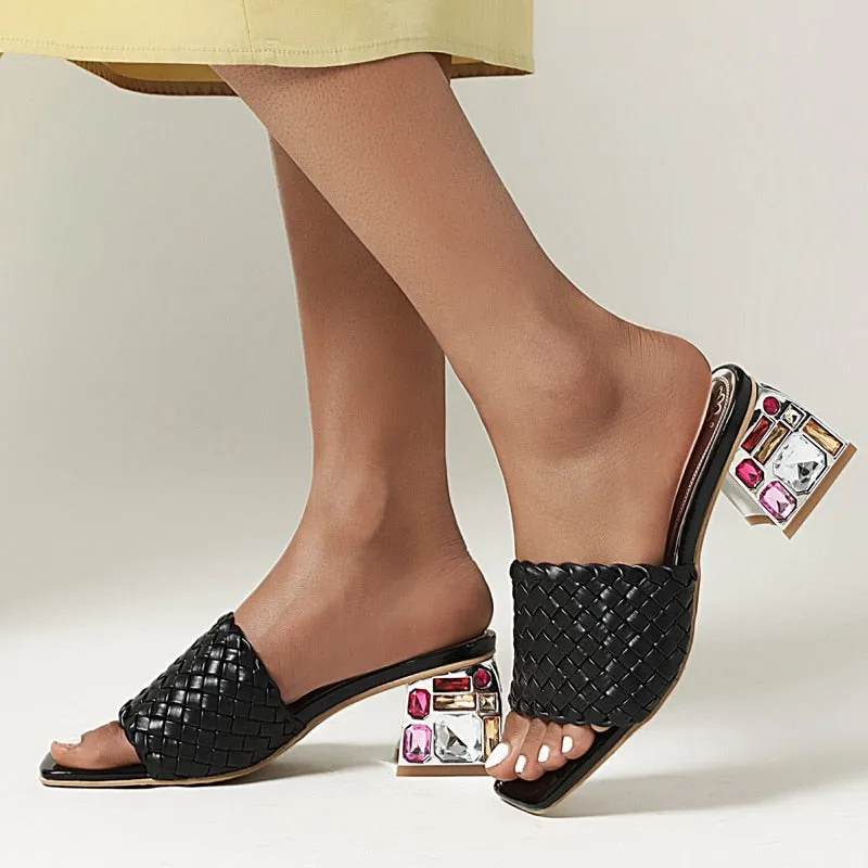 Open Toe Braided Rhinestones Chunky Heel Sandals