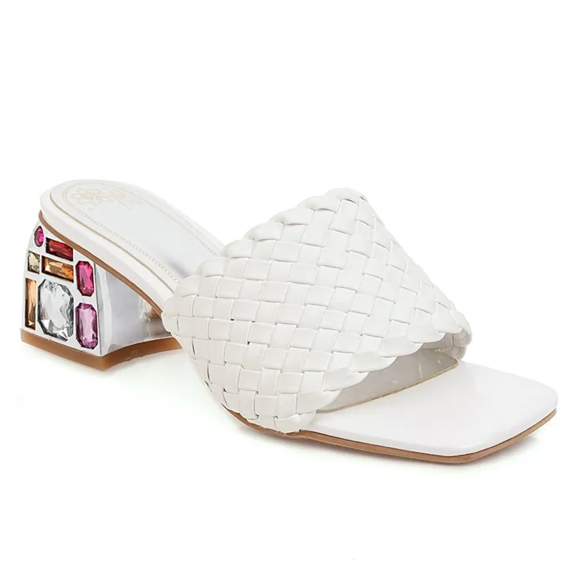 Open Toe Braided Rhinestones Chunky Heel Sandals