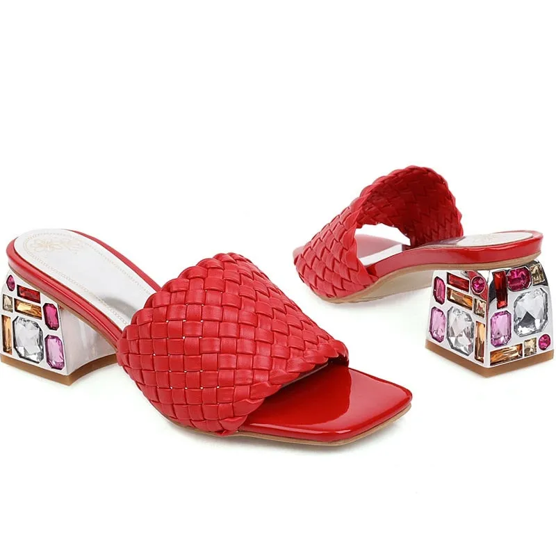 Open Toe Braided Rhinestones Chunky Heel Sandals