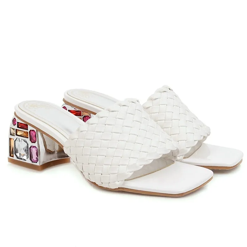 Open Toe Braided Rhinestones Chunky Heel Sandals