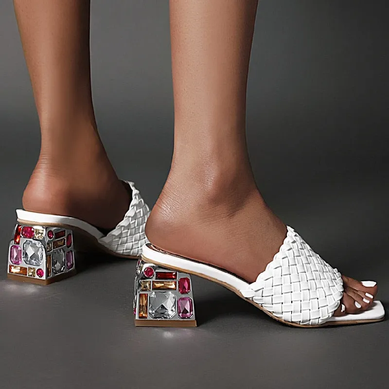 Open Toe Braided Rhinestones Chunky Heel Sandals