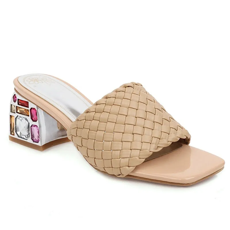 Open Toe Braided Rhinestones Chunky Heel Sandals