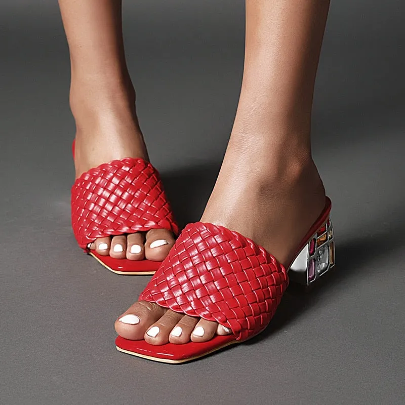 Open Toe Braided Rhinestones Chunky Heel Sandals