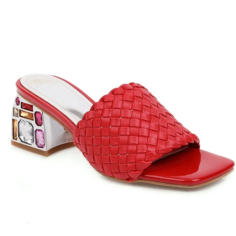 Open Toe Braided Rhinestones Chunky Heel Sandals