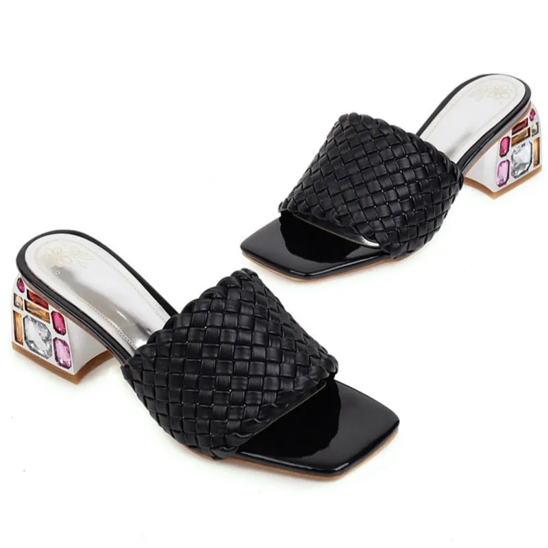 Open Toe Braided Rhinestones Chunky Heel Sandals