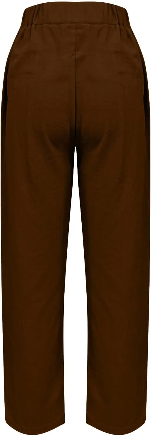 Oplxuo Cotton Linen Pants for Women Summer High Elastic Waist Straight Wide Leg Boho Beach Trousers with Pockets