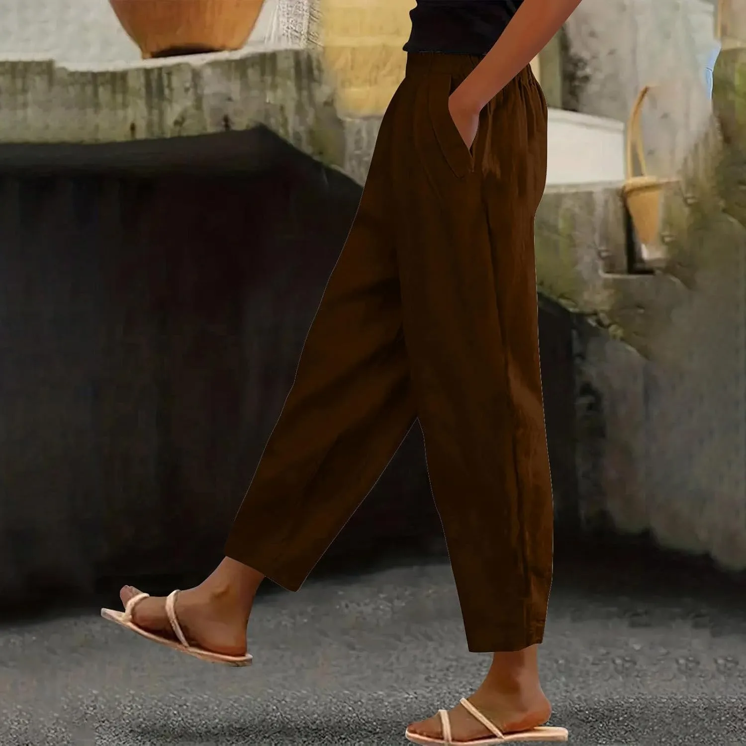 Oplxuo Cotton Linen Pants for Women Summer High Elastic Waist Straight Wide Leg Boho Beach Trousers with Pockets