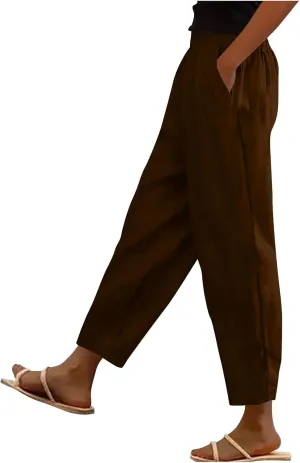 Oplxuo Cotton Linen Pants for Women Summer High Elastic Waist Straight Wide Leg Boho Beach Trousers with Pockets