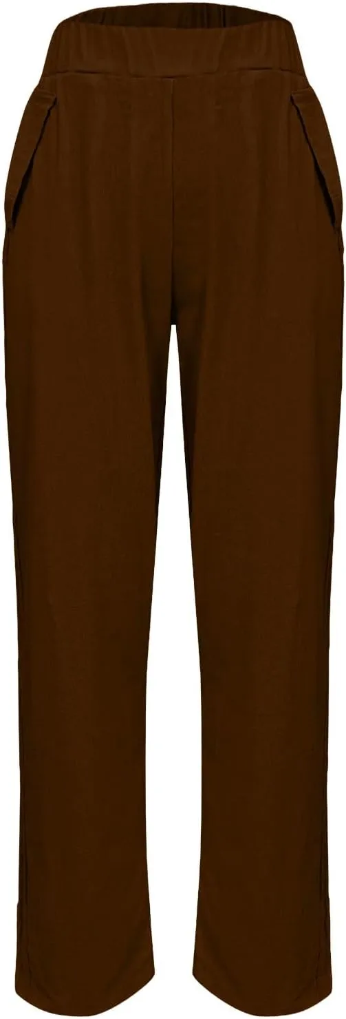 Oplxuo Cotton Linen Pants for Women Summer High Elastic Waist Straight Wide Leg Boho Beach Trousers with Pockets