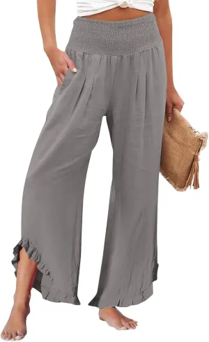 Palazzo Cotton Linen Pants Women Smocked High Waist Ruffle Hem Wide Leg Pants Loose Summer Beach Trousers with Pockets