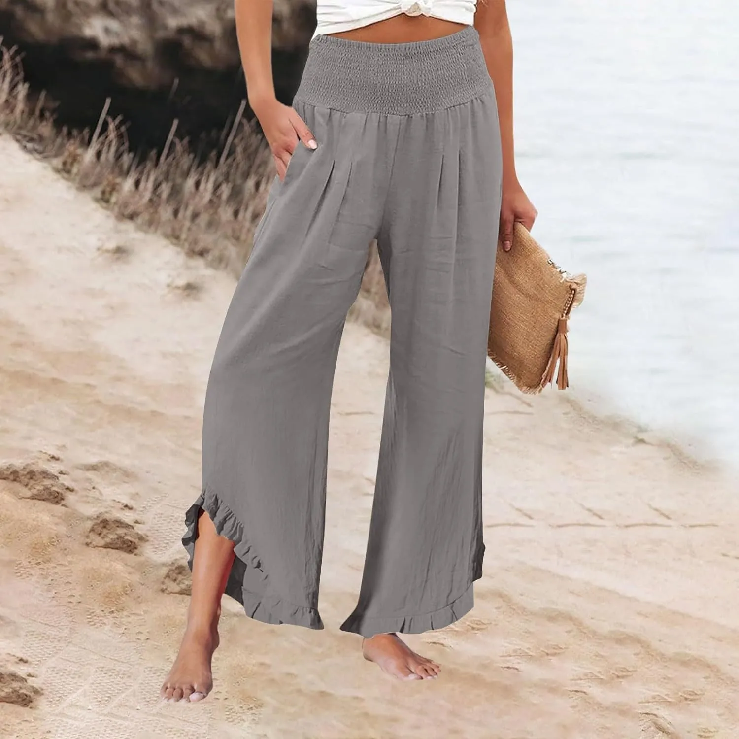Palazzo Cotton Linen Pants Women Smocked High Waist Ruffle Hem Wide Leg Pants Loose Summer Beach Trousers with Pockets
