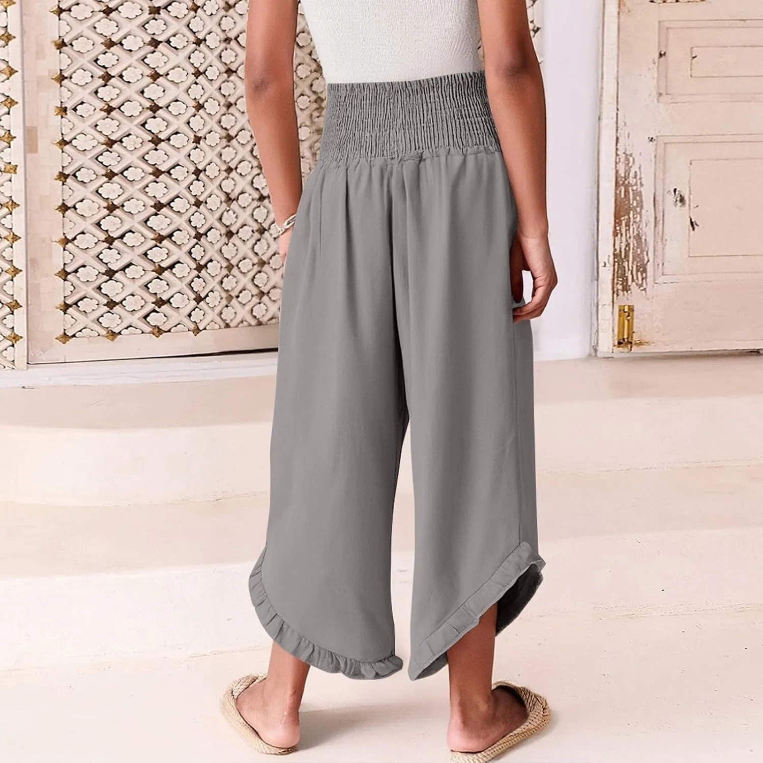 Palazzo Cotton Linen Pants Women Smocked High Waist Ruffle Hem Wide Leg Pants Loose Summer Beach Trousers with Pockets