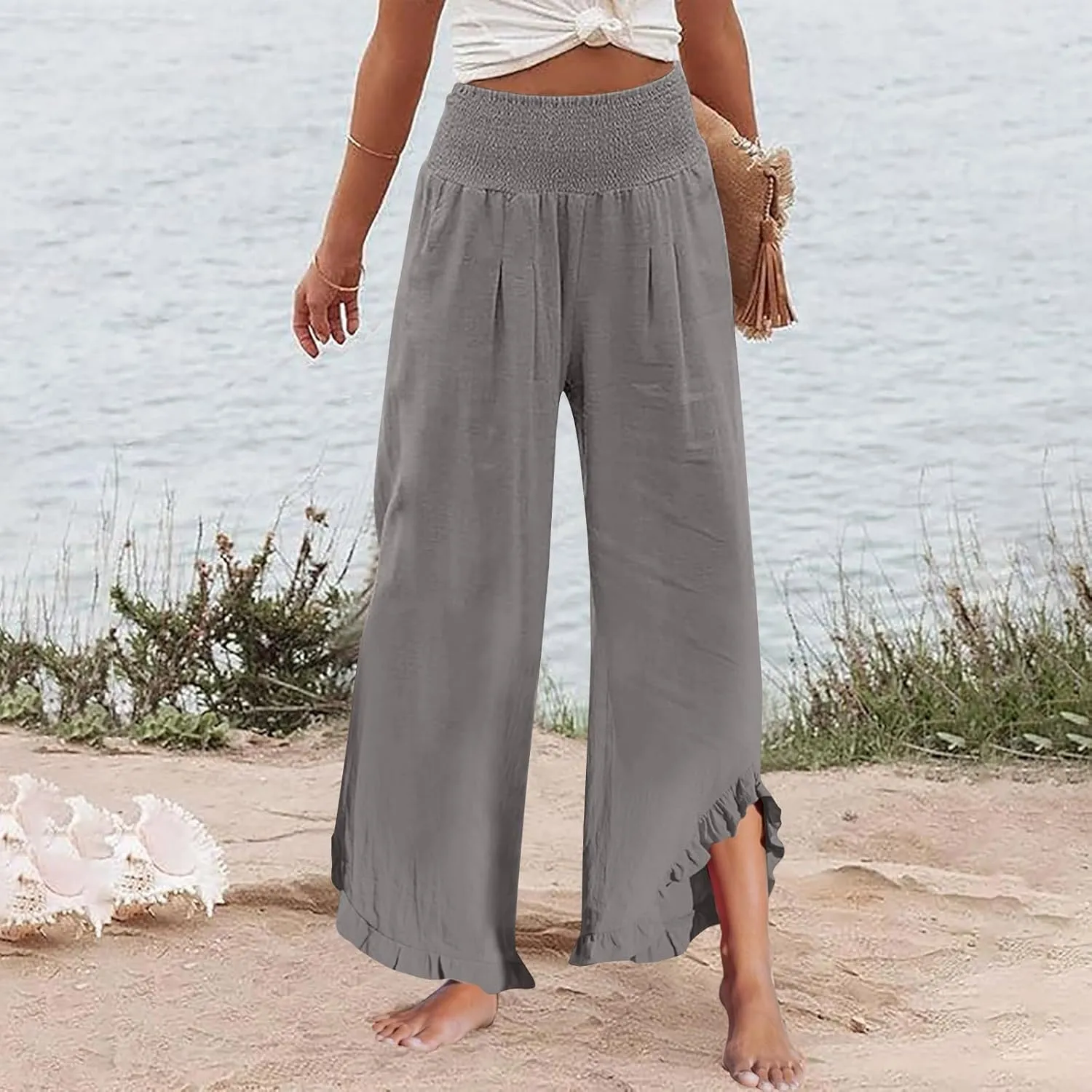 Palazzo Cotton Linen Pants Women Smocked High Waist Ruffle Hem Wide Leg Pants Loose Summer Beach Trousers with Pockets