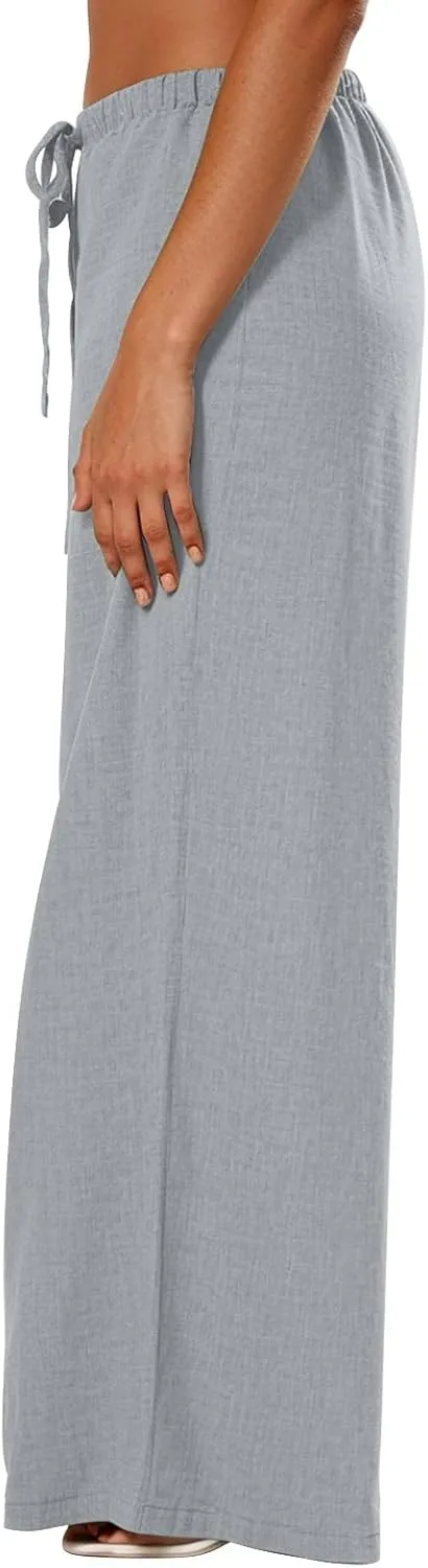 Palazzo Linen Pants Women Elastic High Waisted Wide Leg Beach Pants Casual Summer Loose Flowy Trousers with Pockets