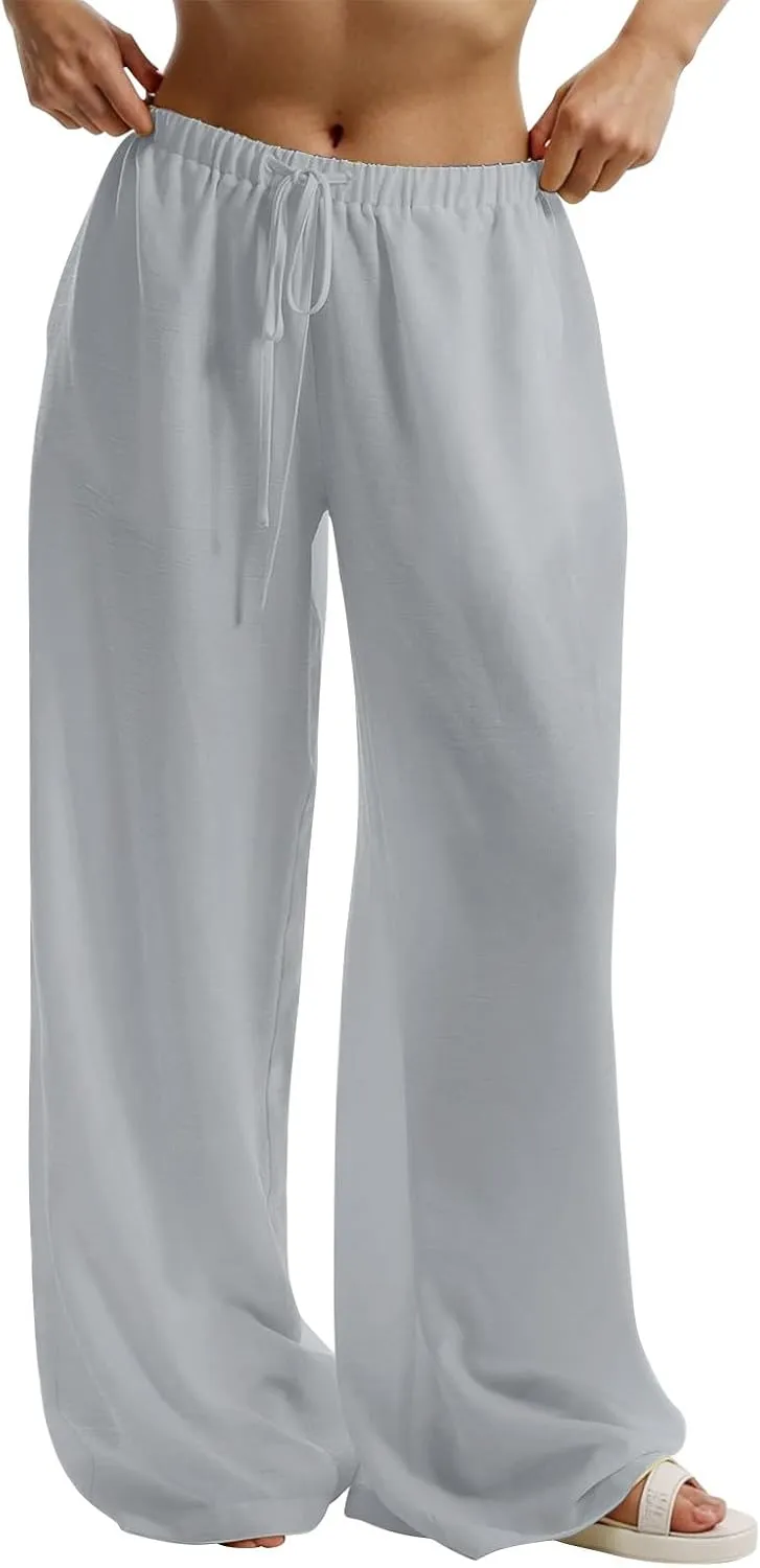 Palazzo Linen Pants Women Elastic High Waisted Wide Leg Beach Pants Casual Summer Loose Flowy Trousers with Pockets