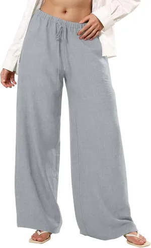 Palazzo Linen Pants Women Elastic High Waisted Wide Leg Beach Pants Casual Summer Loose Flowy Trousers with Pockets
