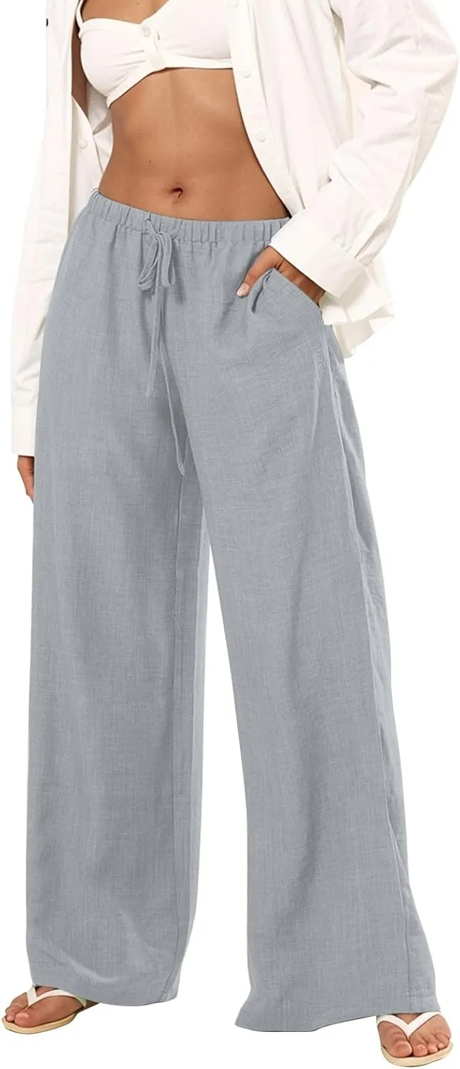 Palazzo Linen Pants Women Elastic High Waisted Wide Leg Beach Pants Casual Summer Loose Flowy Trousers with Pockets