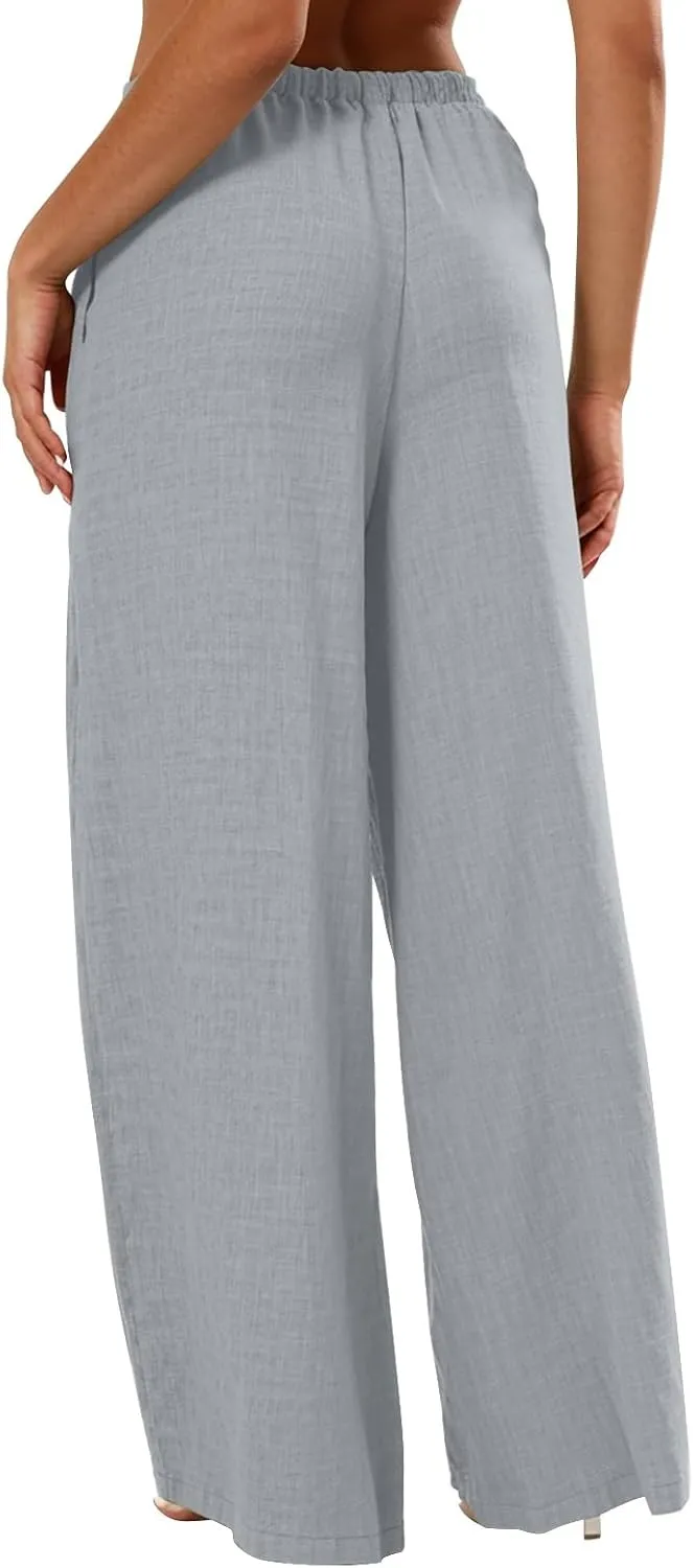 Palazzo Linen Pants Women Elastic High Waisted Wide Leg Beach Pants Casual Summer Loose Flowy Trousers with Pockets
