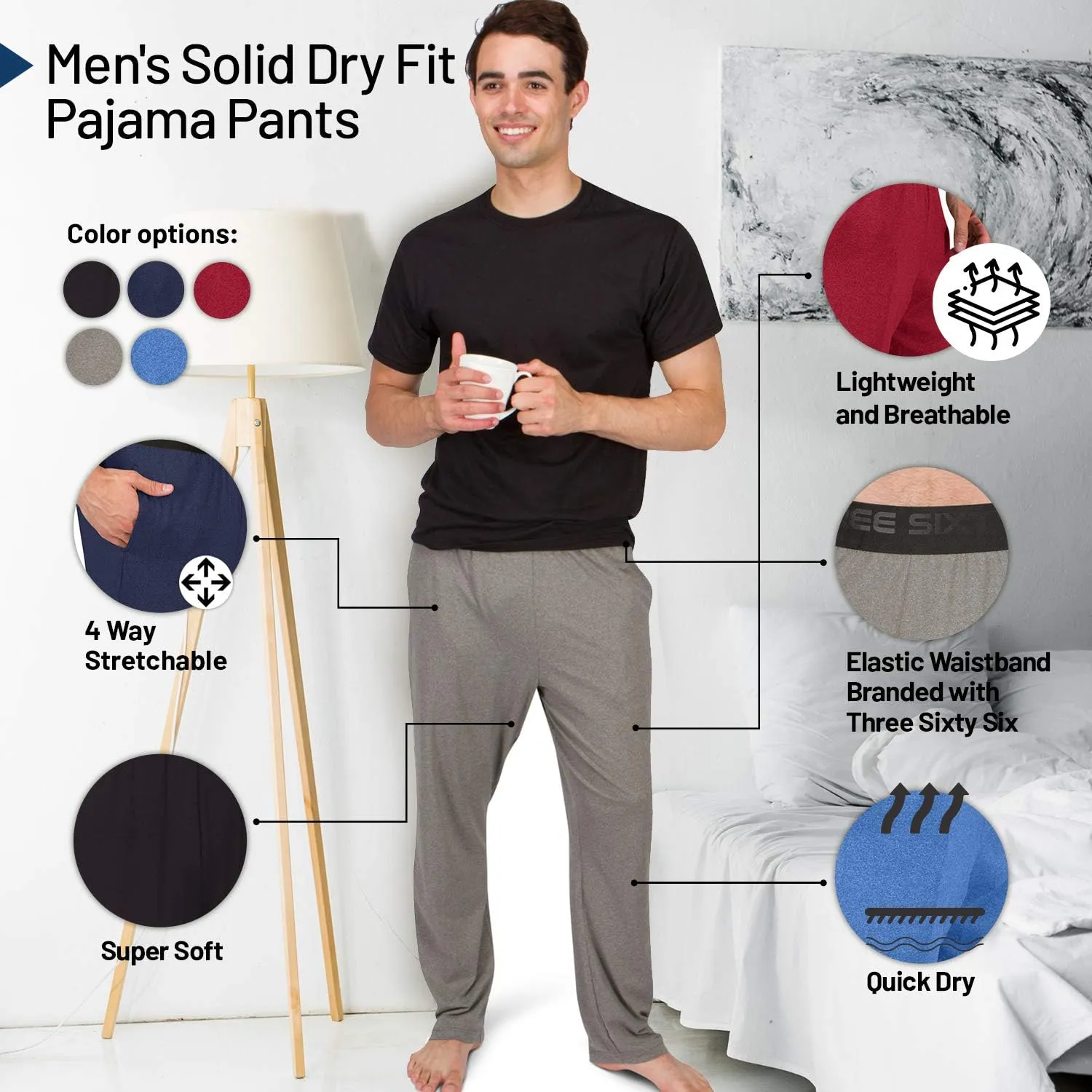 Performance Dry Fit Pajama Pants for Men - Stretch Lounge Pjs with Pockets, Tapered Fit, Solid