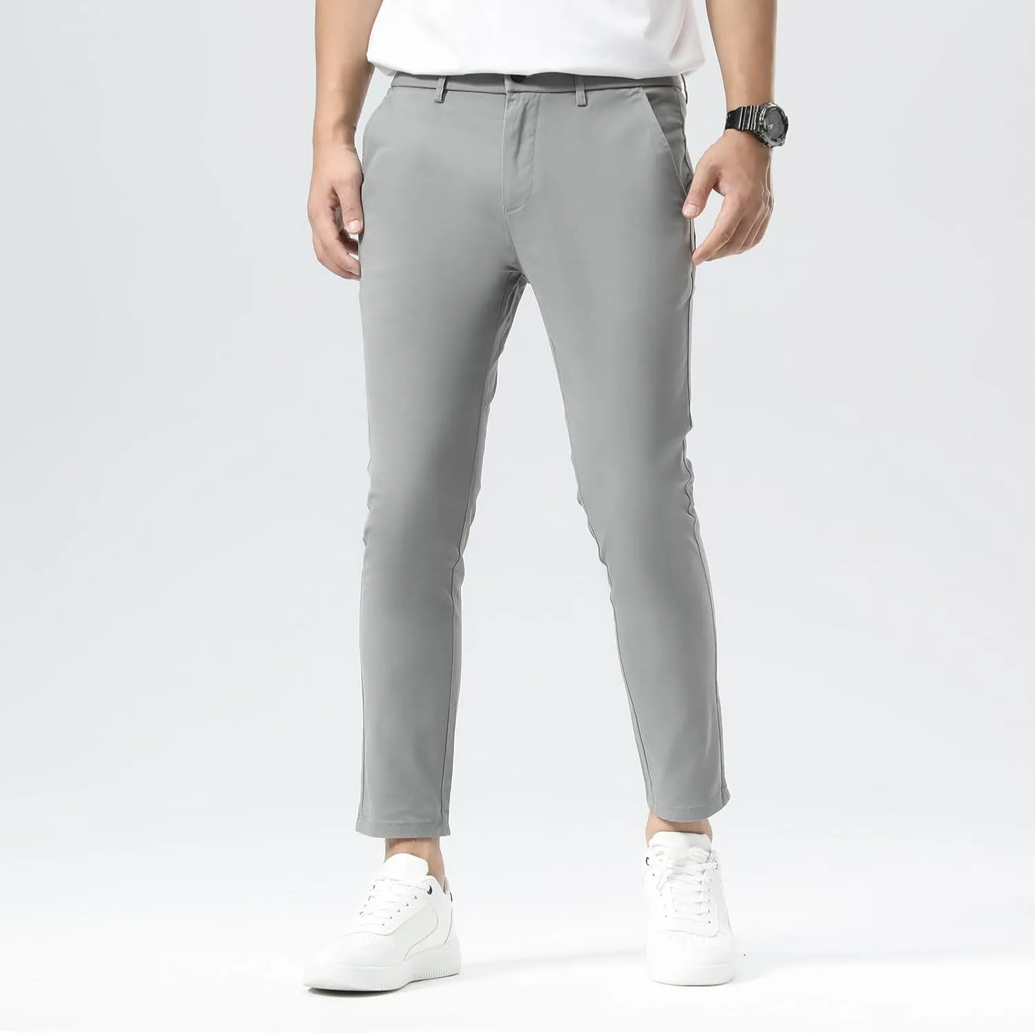 Plaid&Plain Men's Slim Fit Khaki Pants Stretch Cropped Chino Skinny Pants