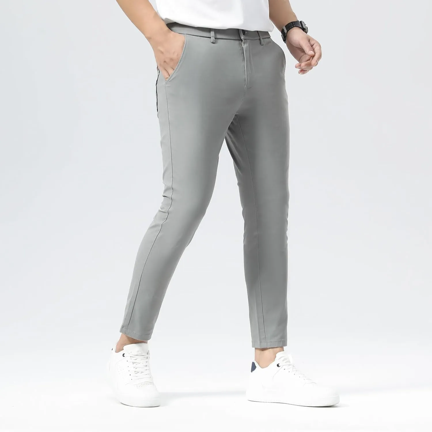 Plaid&Plain Men's Slim Fit Khaki Pants Stretch Cropped Chino Skinny Pants